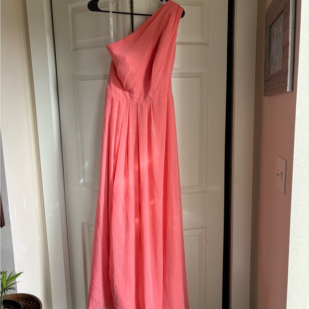 David's Bridal Coral One-Shoulder Chiffon Gown